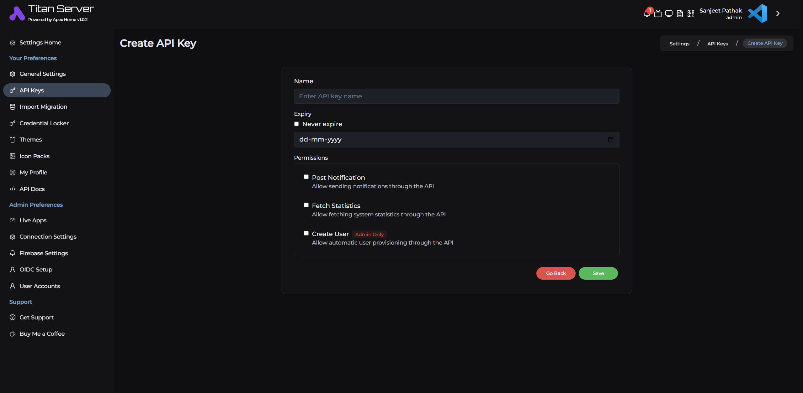 Create API Key Settings